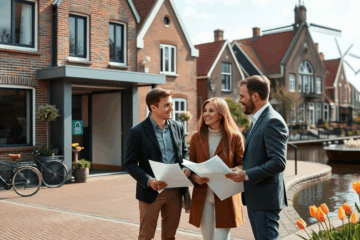 Afbeelding van een huismodel met een pen en een calculator die eenvoudige kredietopties voor vastgoed aankopen illustreren.