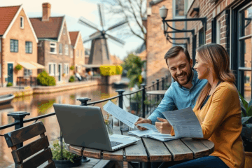 Afbeelding van een huis met leningsdocumenten en pen, symboliserend een persoonlijke lening voor onroerend goed aankoop.