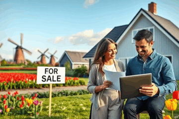 Een afbeelding van een huis met een calculator en documenten, die de herfinanciering van onroerend goed illustreren.