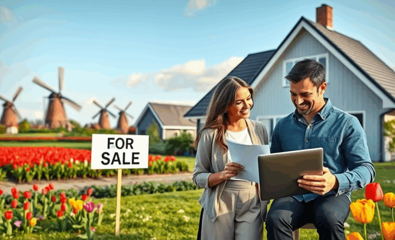 Een afbeelding van een huis met een calculator en documenten, die de herfinanciering van onroerend goed illustreren.