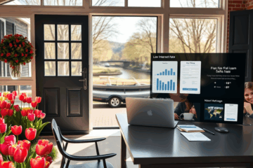 Afbeelding van een persoon die online hypotheekrefinanciering aanvraagt op een laptop.