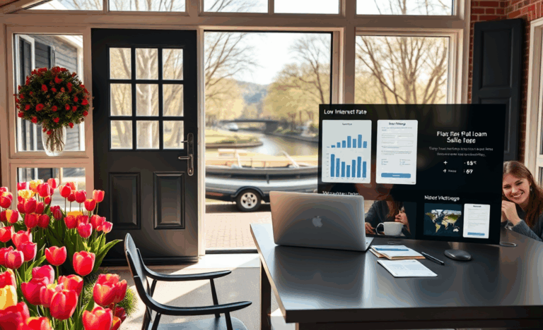 Afbeelding van een persoon die online hypotheekrefinanciering aanvraagt op een laptop.